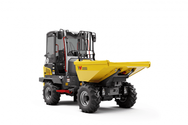 Skip monitoring Skip monitoring takes over the control of the skip position before driving off and thus prevents consequential damage or accidents. Real-time checking of the skip position informs the operator if locking is incomplete and reduces travel speed to 13 km/h to avoid accidents. This minimizes the risk of damage or accidents to the machine and the surroundings. Inclination monitoring If the machine is tilted in an unsafe standing position or becomes unstable, the inclination monitoring intervenes and warns the operator. An optical and an acoustic signal display both the speed limitation with the skip tilted in an unsafe position as well as an unstable machine position. This should make it clear to the operator that he is exposed to an increased risk of accident if he does not pay attention. Seat belt monitoring with start release The seat belt monitoring system signals visually and acoustically if an attempt is made to start the machine when the operator is not wearing a seat belt. The additional start release prevents start-up in this case. The safety during operation is increased once again and improper starting is thus prevented. Hydrostatic 4-wheel drive Just hop on and go: with the hydrostatic drive system, the operator can concentrate on his work without frequent gear shifting. A continuously constant tractive force from 0 to the maximum speed and a hydrostatic brake provide for a comfortable driving experience. Concrete skip The optional concrete skip is specially designed for processing concrete, e.g. in road construction. With a special concrete chute and swivel skip, quick and time-saving 180° placement is possible. The concrete skip is optimized in its shape for liquid concrete (water mass). The concrete trough has also been optimized in its shape for liquid concrete (water measure).